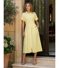 Gibson & Latimer Linen Point Collar Short Dolman Sleeve Button Front Ruched Pleated Waist Shirt Midi Dress