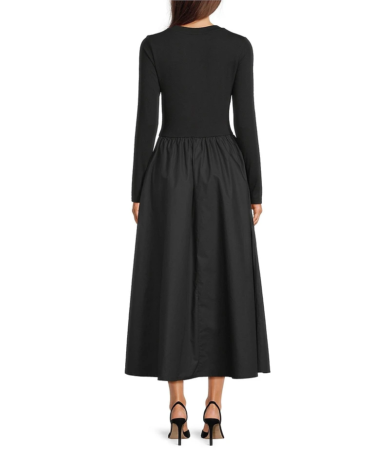 Gibson & Latimer Mixed Media Round Neck Long Sleeve Fit and Flare A-Line Maxi Dress