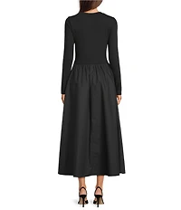 Gibson & Latimer Mixed Media Round Neck Long Sleeve Fit and Flare A-Line Maxi Dress