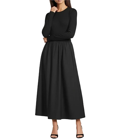 Gibson & Latimer Mixed Media Round Neck Long Sleeve Fit and Flare A-Line Maxi Dress