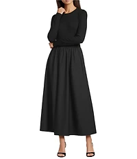 Gibson & Latimer Mixed Media Round Neck Long Sleeve Fit and Flare A-Line Maxi Dress
