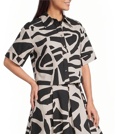 Gibson & Latimer Modern Geo Print Collared Short Sleeve Button Front Cropped Coordinating Shirt