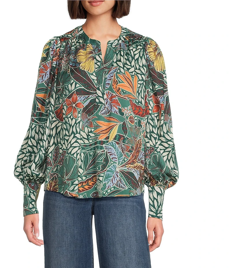 Gibson & Latimer Moonshadow Satin Leaf Print Split Round Neck Long Balloon Sleeve Blouse