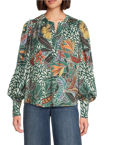 Gibson & Latimer Moonshadow Satin Leaf Print Split Round Neck Long Balloon Sleeve Blouse