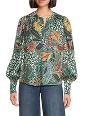 Gibson & Latimer Moonshadow Satin Leaf Print Split Round Neck Long Balloon Sleeve Blouse