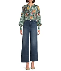 Gibson & Latimer Moonshadow Satin Leaf Print Split Round Neck Long Balloon Sleeve Blouse