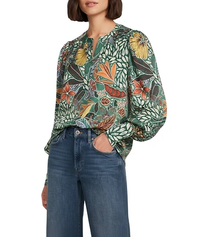 Gibson & Latimer Moonshadow Satin Leaf Print Split Round Neck Long Balloon Sleeve Blouse