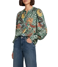 Gibson & Latimer Moonshadow Satin Leaf Print Split Round Neck Long Balloon Sleeve Blouse
