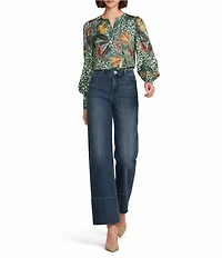 Gibson & Latimer Moonshadow Satin Leaf Print Split Round Neck Long Balloon Sleeve Blouse