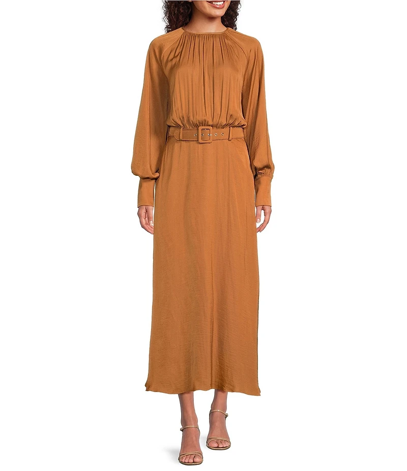 Gibson & Latimer Moonshadow Satin Ruched Crew Neck Long Sleeve Belted Blouson Maxi Dress
