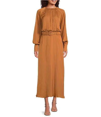 Gibson & Latimer Moonshadow Satin Ruched Crew Neck Long Sleeve Belted Blouson Maxi Dress