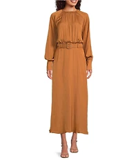 Gibson & Latimer Moonshadow Satin Ruched Crew Neck Long Sleeve Belted Blouson Maxi Dress