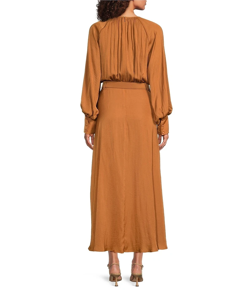 Gibson & Latimer Moonshadow Satin Ruched Crew Neck Long Sleeve Belted Blouson Maxi Dress