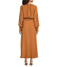 Gibson & Latimer Moonshadow Satin Ruched Crew Neck Long Sleeve Belted Blouson Maxi Dress
