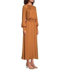 Gibson & Latimer Moonshadow Satin Ruched Crew Neck Long Sleeve Belted Blouson Maxi Dress