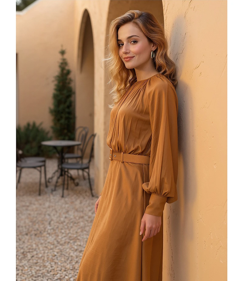 Gibson & Latimer Moonshadow Satin Ruched Crew Neck Long Sleeve Belted Blouson Maxi Dress