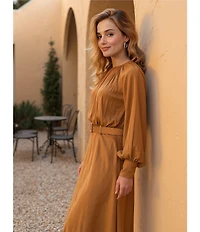 Gibson & Latimer Moonshadow Satin Ruched Crew Neck Long Sleeve Belted Blouson Maxi Dress
