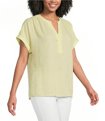Gibson & Latimer Moonshadow Satin Split Round Neck Dropped Short Roll Tab Sleeve Hi-Low Shirttail Blouse
