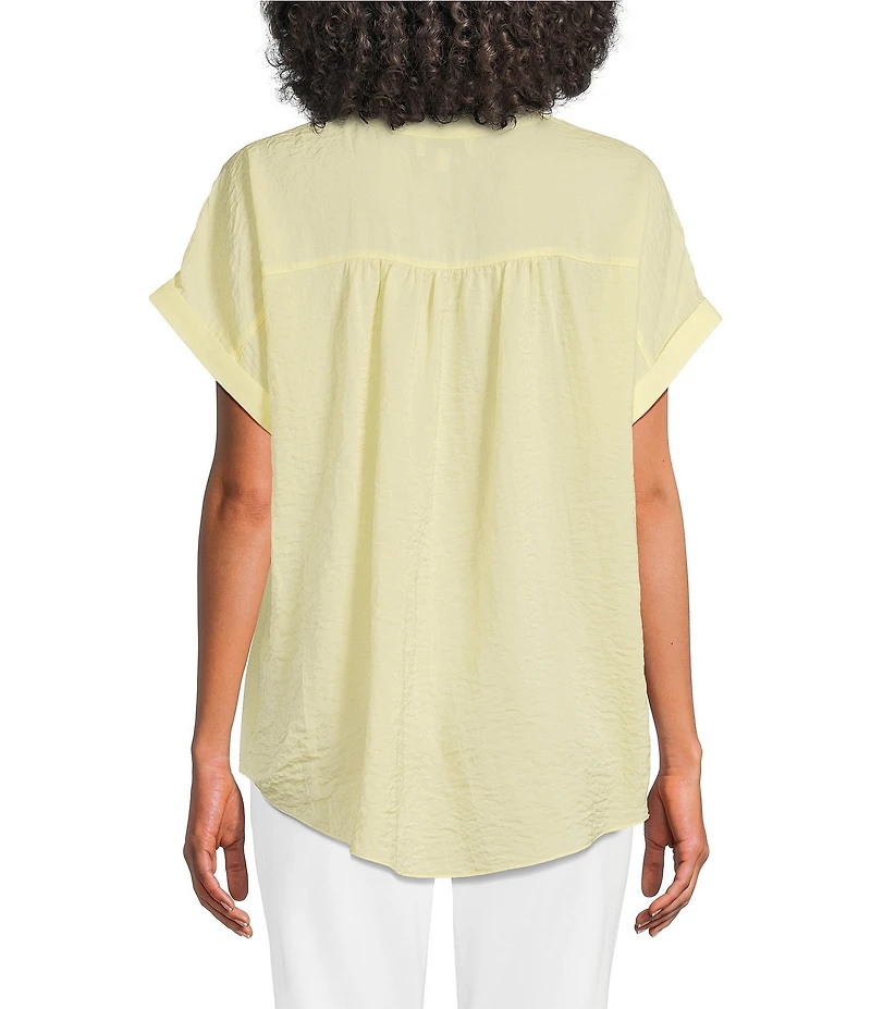 Gibson & Latimer Moonshadow Satin Split Round Neck Dropped Short Roll Tab Sleeve Hi-Low Shirttail Blouse