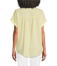 Gibson & Latimer Moonshadow Satin Split Round Neck Dropped Short Roll Tab Sleeve Hi-Low Shirttail Blouse