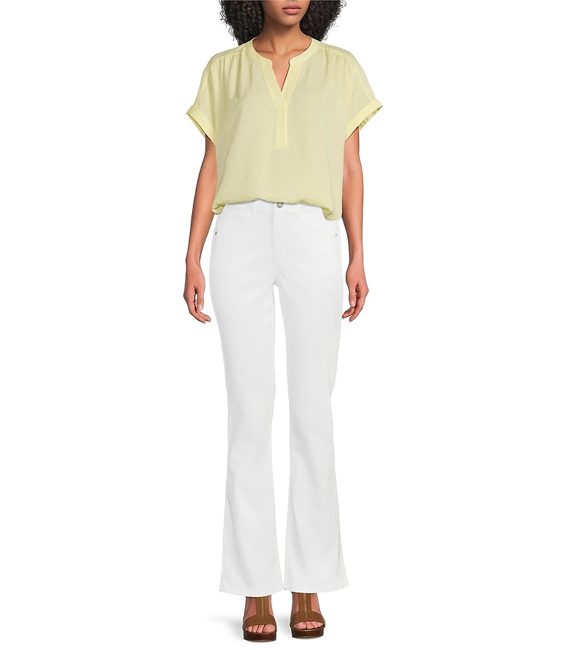 Gibson & Latimer Moonshadow Satin Split Round Neck Dropped Short Roll Tab Sleeve Hi-Low Shirttail Blouse