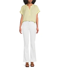 Gibson & Latimer Moonshadow Satin Split Round Neck Dropped Short Roll Tab Sleeve Hi-Low Shirttail Blouse
