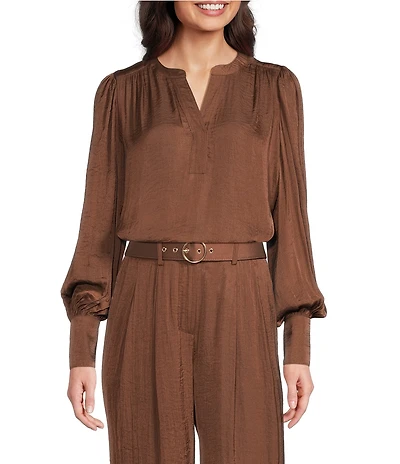 Gibson & Latimer Moonshadow Satin Split Round Neck Long Balloon Sleeve Blouse