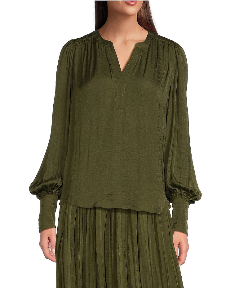 Gibson & Latimer Moonshadow Satin Split Round Neck Long Balloon Sleeve Blouse