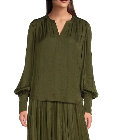 Gibson & Latimer Moonshadow Satin Split Round Neck Long Balloon Sleeve Blouse
