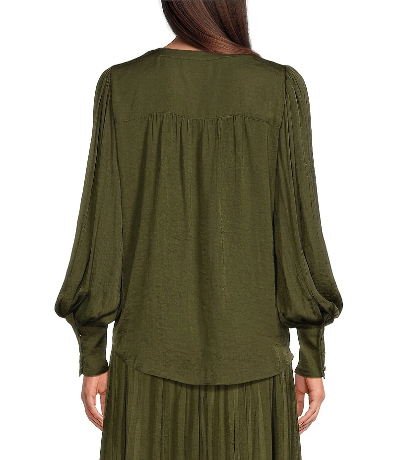 Gibson & Latimer Moonshadow Satin Split Round Neck Long Balloon Sleeve Blouse