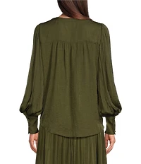 Gibson & Latimer Moonshadow Satin Split Round Neck Long Balloon Sleeve Blouse