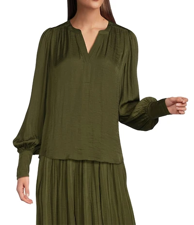 Gibson & Latimer Moonshadow Satin Split Round Neck Long Balloon Sleeve Blouse