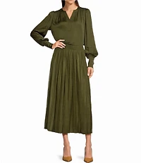 Gibson & Latimer Moonshadow Satin Split Round Neck Long Balloon Sleeve Blouse