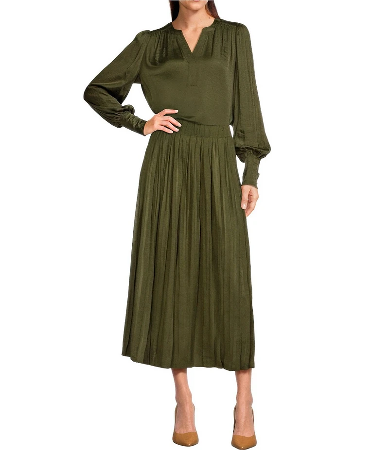 Gibson & Latimer Moonshadow Satin Split Round Neck Long Balloon Sleeve Blouse