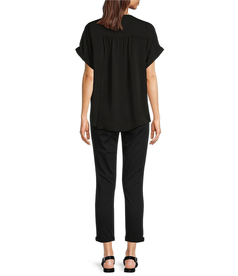 Gibson & Latimer Moonshadow Satin Split Round Neck Dropped Short Roll Tab Sleeve Hi-Low Shirttail Blouse