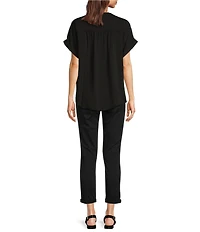 Gibson & Latimer Moonshadow Satin Split Round Neck Dropped Short Roll Tab Sleeve Hi-Low Shirttail Blouse