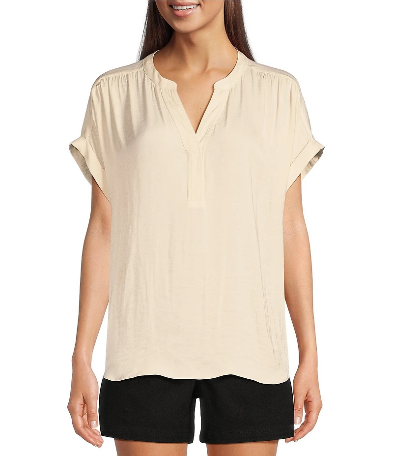 Gibson & Latimer Moonshadow Satin Split Round Neck Dropped Short Roll Tab Sleeve Hi-Low Shirttail Blouse