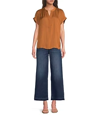 Gibson & Latimer Moonshadow Satin Split Round Neck Dropped Short Roll Tab Sleeve Hi-Low Shirttail Blouse