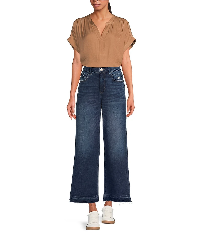 Gibson & Latimer Moonshadow Satin Split Round Neck Dropped Short Roll Tab Sleeve Hi-Low Shirttail Blouse