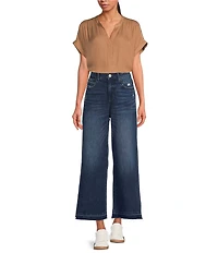 Gibson & Latimer Moonshadow Satin Split Round Neck Dropped Short Roll Tab Sleeve Hi-Low Shirttail Blouse