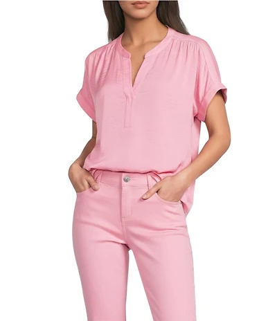 Gibson & Latimer Moonshadow Satin Split Round Neck Dropped Short Roll Tab Sleeve Hi-Low Shirttail Blouse