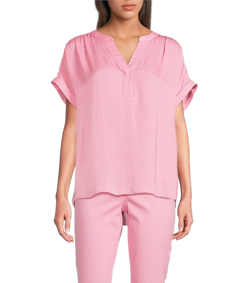 Gibson & Latimer Moonshadow Satin Split Round Neck Dropped Short Roll Tab Sleeve Hi-Low Shirttail Blouse