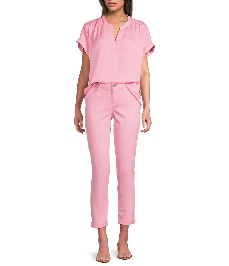 Gibson & Latimer Moonshadow Satin Split Round Neck Dropped Short Roll Tab Sleeve Hi-Low Shirttail Blouse