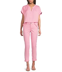 Gibson & Latimer Moonshadow Satin Split Round Neck Dropped Short Roll Tab Sleeve Hi-Low Shirttail Blouse