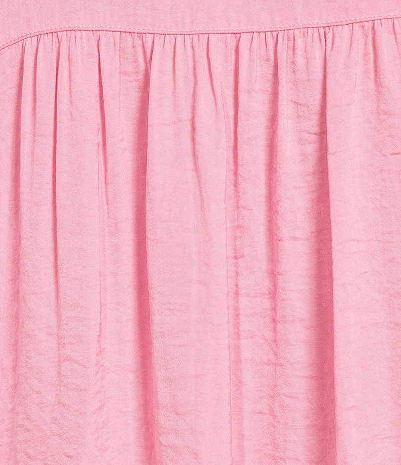 Gibson & Latimer Moonshadow Satin Split Round Neck Dropped Short Roll Tab Sleeve Hi-Low Shirttail Blouse