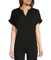 Gibson & Latimer Moonshadow Satin Split Round Neck Dropped Short Roll Tab Sleeve Hi-Low Shirttail Blouse