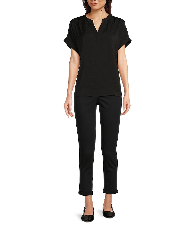 Gibson & Latimer Moonshadow Satin Split Round Neck Dropped Short Roll Tab Sleeve Hi-Low Shirttail Blouse