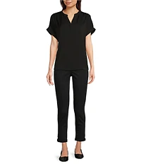 Gibson & Latimer Moonshadow Satin Split Round Neck Dropped Short Roll Tab Sleeve Hi-Low Shirttail Blouse