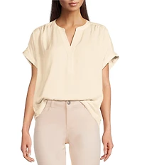 Gibson & Latimer Moonshadow Satin Split Round Neck Dropped Short Roll Tab Sleeve Hi-Low Shirttail Blouse