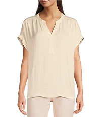 Gibson & Latimer Moonshadow Satin Split Round Neck Dropped Short Roll Tab Sleeve Hi-Low Shirttail Blouse